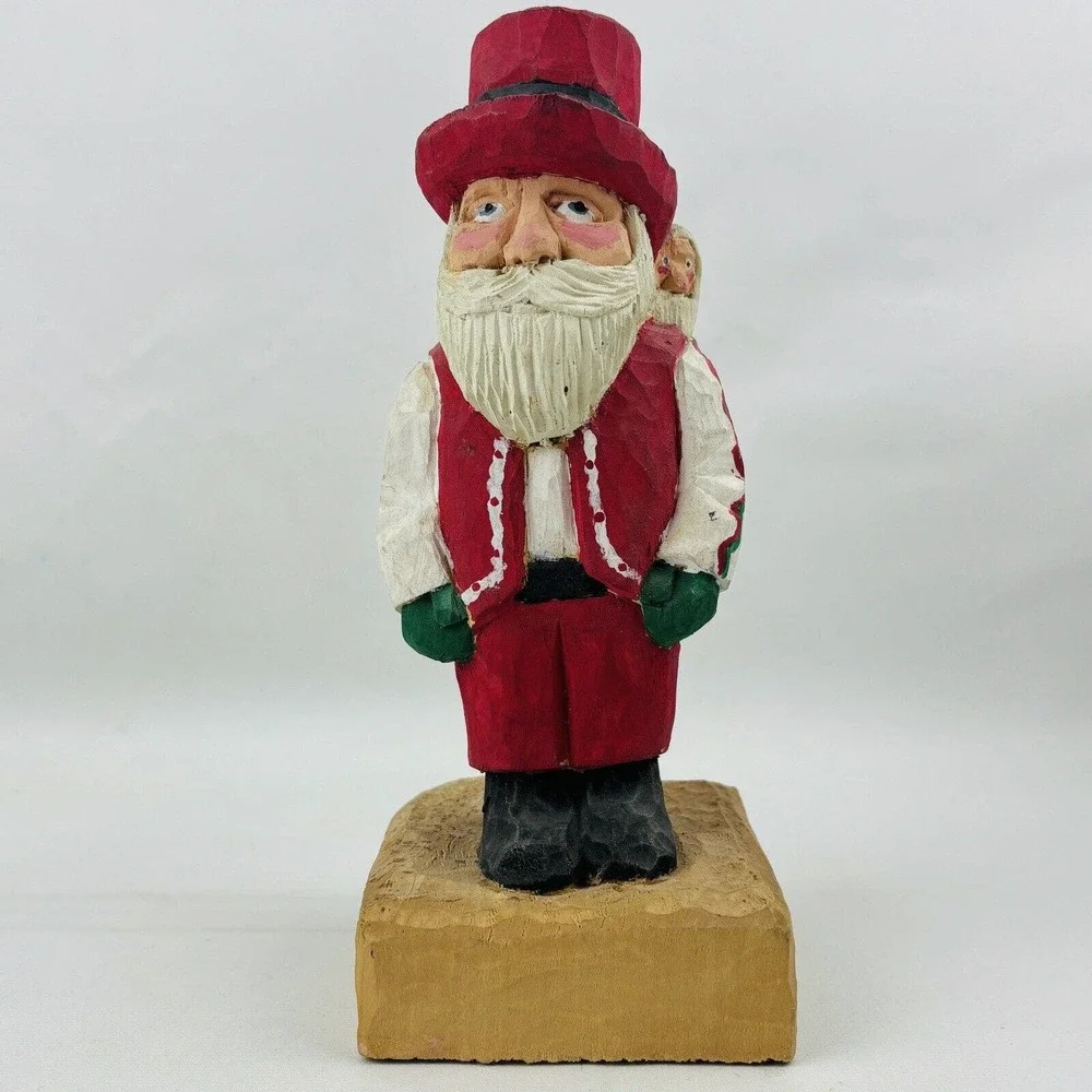 Vintage Wood Santa & Bag Figure Hand Carved Handmade Painted Signed Slim 92
